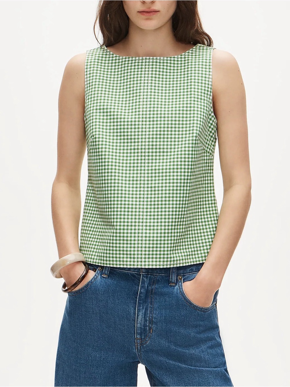 J.Crew NWT Shell top in gingham double cotton poplin 6 Lime Green  V Back